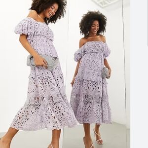 💜 Asos Edition Lavender Off-Shoulder Eyelet Dress 👗New Size US 2